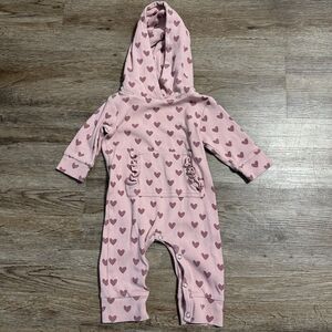Kate Quinn Girl 3-6 Months Hooded Jumpsuit Pink Hearts Cotton Long Sleeve Romper